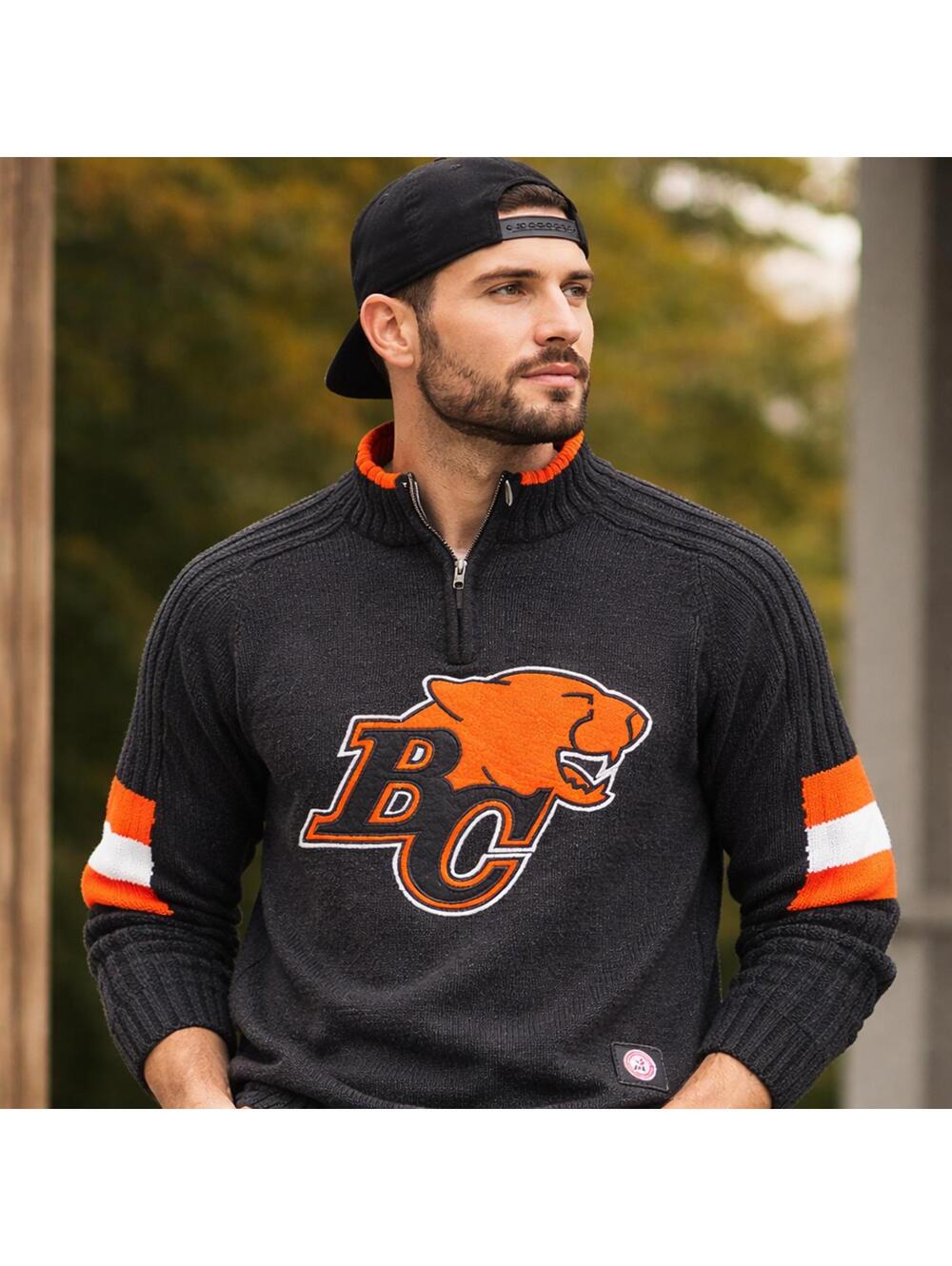 CFL BC Lions Quarter Zip Sweater Black Acrylic Sz L Knit Logo SOGO 2000s